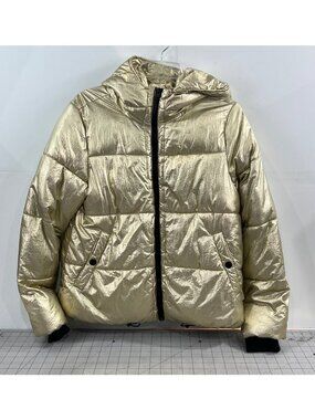 American Eagle Gold Metallic Puffer Jacket w/Hood Front Zip  Women’s Sz. M